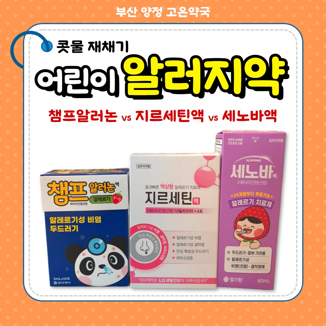 챔프 알러논액 vs 세노바액 vs 지르세틴액, 어린이 알러지약 콧물 재채기 비염약 3종 완벽 비교